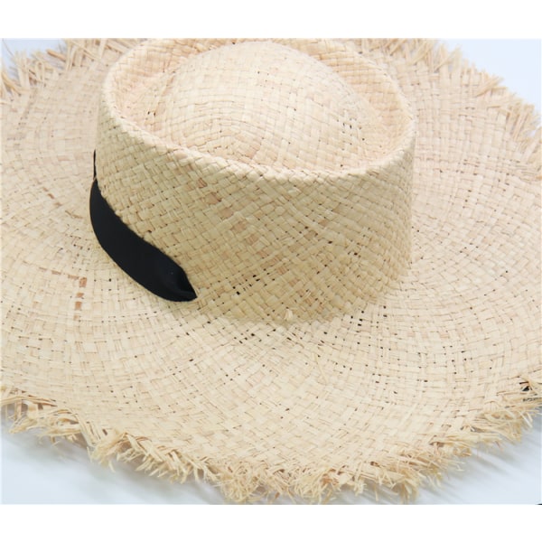 1 st Long Ribbon Raffia konkav topp strandhatt med råa kanter,