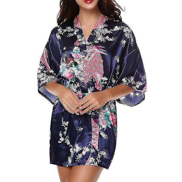 Kvinnor Blommig Siden Satin Kimono Robe Klänning Sovkläder Badrock Navy Blue 2XL