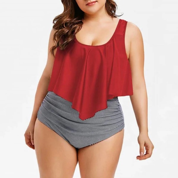 Plus Size delad bikini, printed volang sexig hög midja Red XXL
