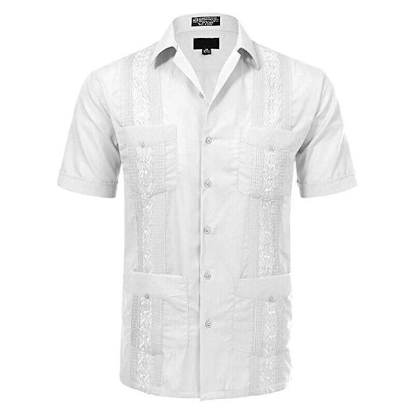 Guayabera Mens Kuban Beach Bröllop Kortärmad Knäppning White L