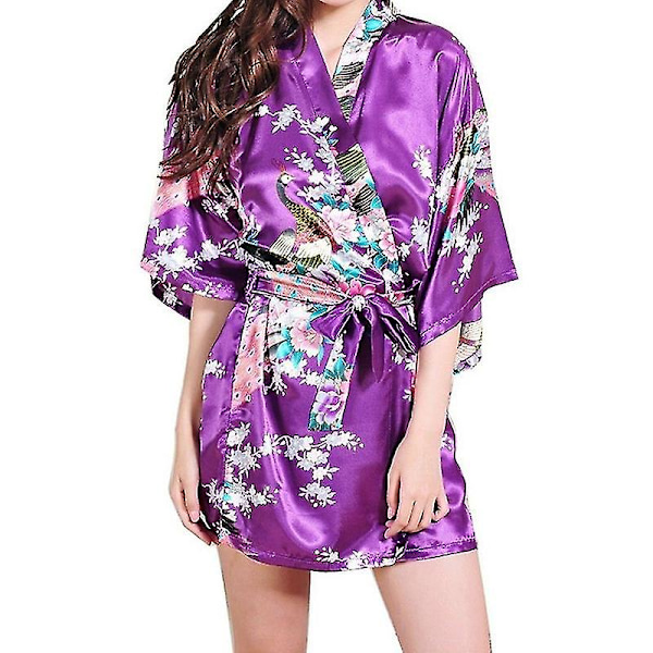 Kvinnor Blommig Siden Satin Kimono Robe Klänning Sovkläder Badrock Purple L