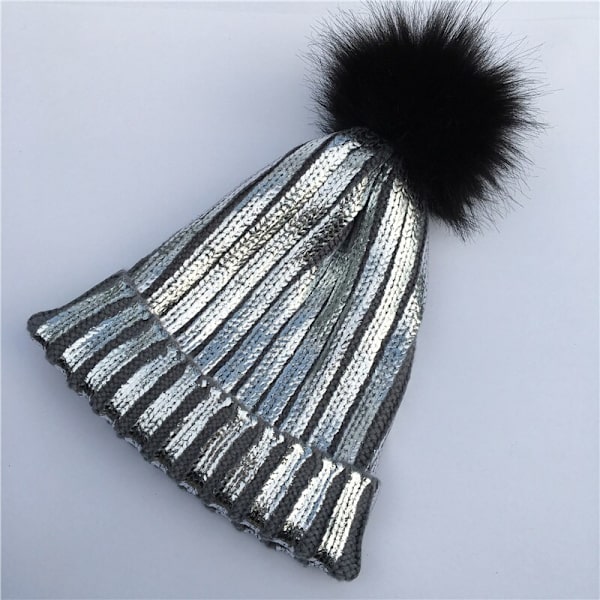 Winter Metallic KnittedPompom Beanie Hat Dammode Faux