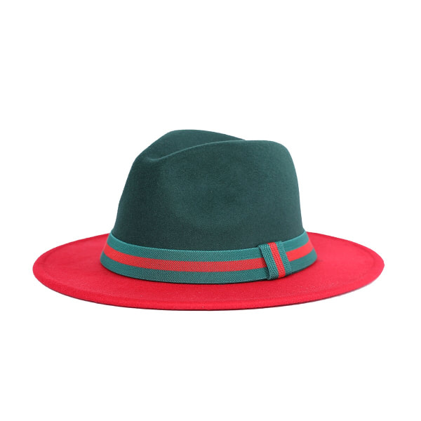 Mode Mörkgrön och Röd Patchwork Fedora-hatt av ullfilt