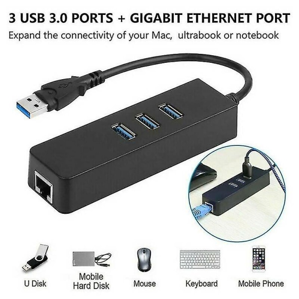 3 Port Hub USB 3.0 Gigabit Ethernet Lan RJ45 nätverksadapter