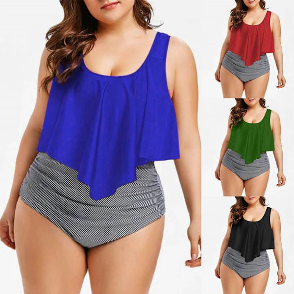 Plus Size delad bikini, printed volang sexig hög midja Red XL