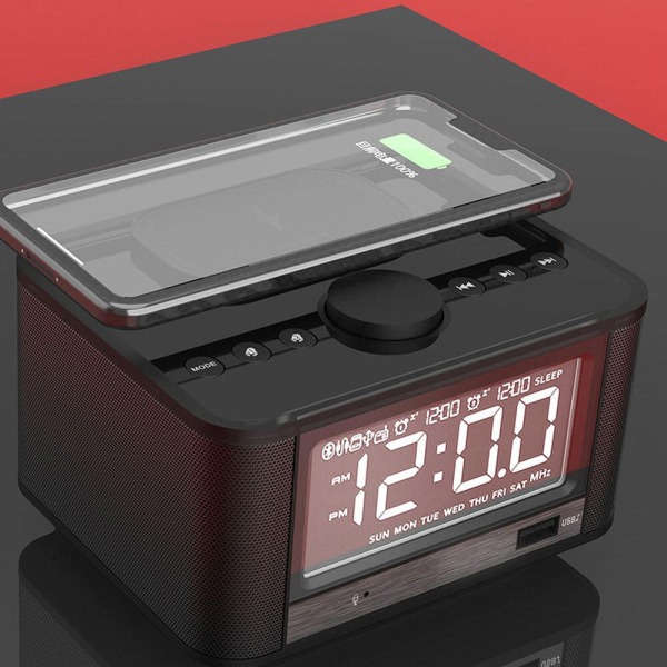Trådlös laddning Bluetooth -högtalare Alacrm Clock Desktop FM