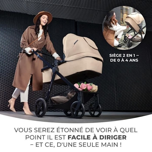 Kombineret 4-i-1 Barnevogn - KINDERKRAFT NEWLY - med Autostol og I-size base - Rejse system - Letvægts 7,5 kg - Foldbar - Sort