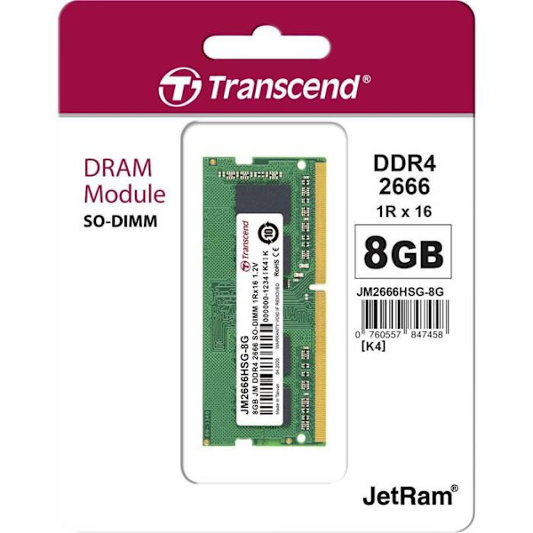 TRANSCEND 8GB JM DDR4 2666Mhz SO-DIMM 8GB JM DDR4 2666Mhz SO-DIMM 1Rx16 1Gx16 CL19 1.2V -