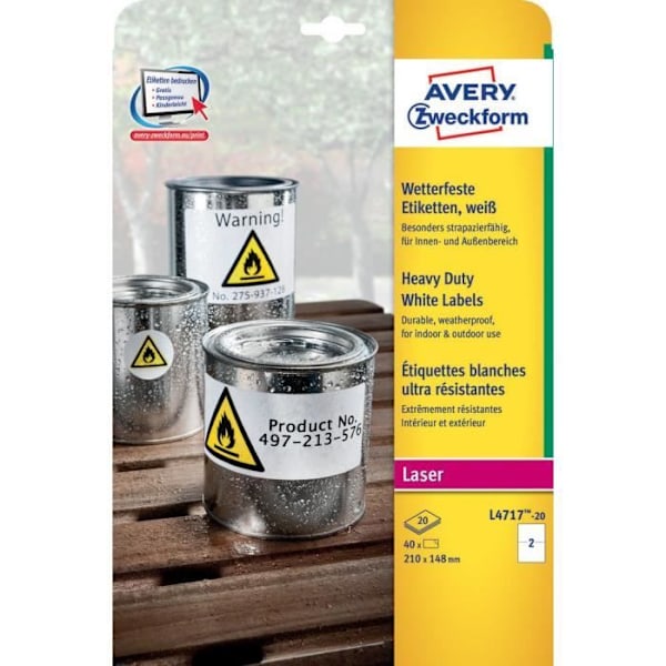Avery Zweckform L4717-20, Hvid, Rektangel med afrundede hjørner, Permanent, Polyester, 210 mm, 148 mm