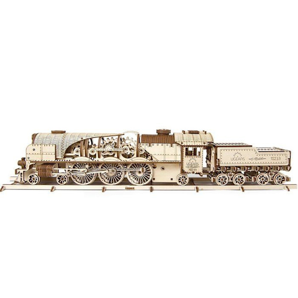 Træmodel - UGEARS - V-Express damptog med strammer - 538 dele - Beige Beige