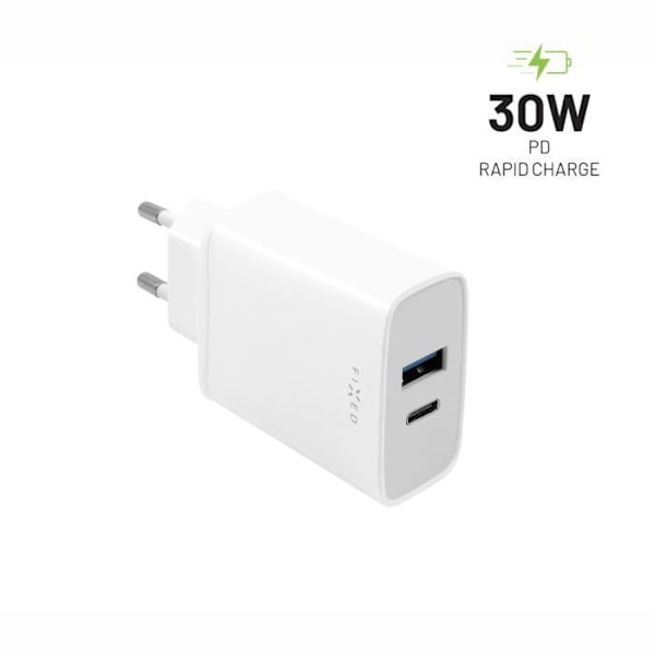 FAST netværksoplader med USB-C og USB-udgang, PD-understøttelse, 30W, hvid Hvid