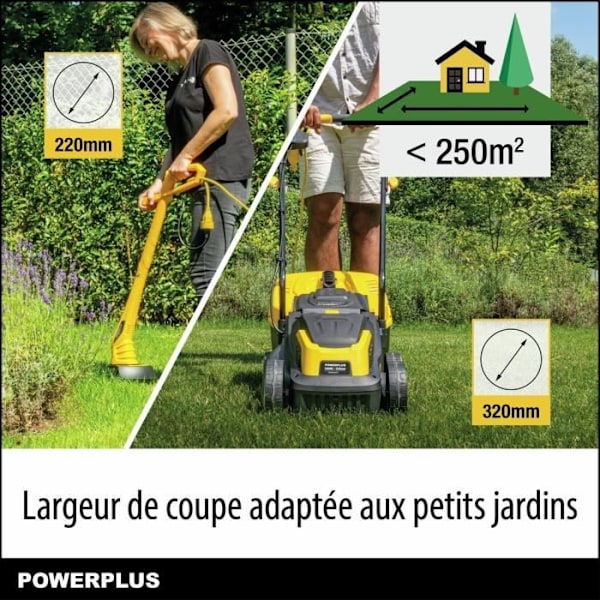 Ruohonleikkuri ja Sähkösakset - POWERPLUS - POWXG62205T - Ruohonleikkuri 1300 W & 32 mm Ø - Sähkösakset 250 W & 220 mm Ø sort