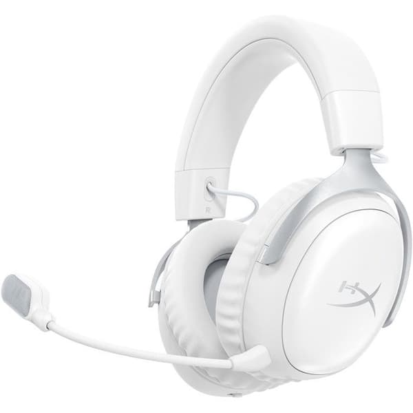 HyperX Cloud III S trådlösa gamingheadset i vitt för PC, Mac, PS5, mobiler och Switch med USB-C till USB-A-adapter och USB-kabel.