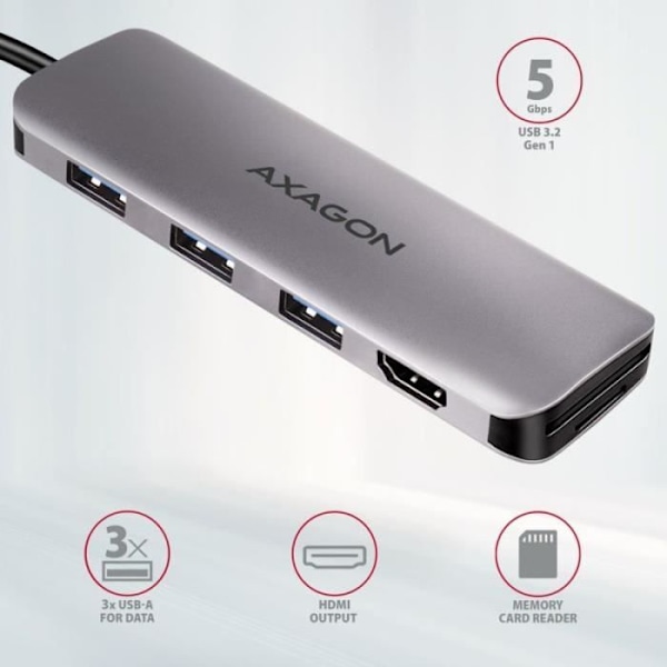 AXAGON HMC-HCR3A USB-Hub, 3X USB-A + HDMI + SD/microSD, USB-C 3.2 Gen 1, 20 cm USB-C-Kel - 8595247907011