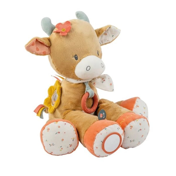 Aktivitets bamse - Nattou - Ko Mila - 45 cm - Integreret rasle - Bidering - Spejl Orange