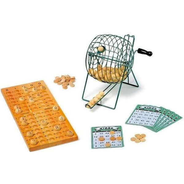 Bingopeli - Merkki - Täydellinen setti - Metallisekoitin - Puiset kappaleet