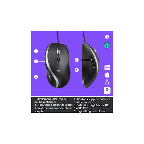 Kabelmus - Logitech - M500s - Ultra-hurtig rulning - 7 tilpasselige knapper - Grå