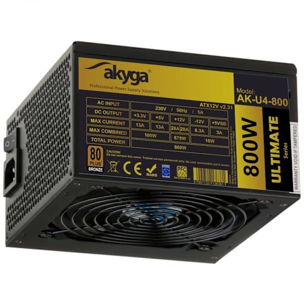 Akyga ATX Virtalähde Ultimate AK-U4-800 P4+4 PCI-E 6 Pin 6+2 Pin 6 x SATA APFC 80+ Bronze Tuuletin 12cm 800W