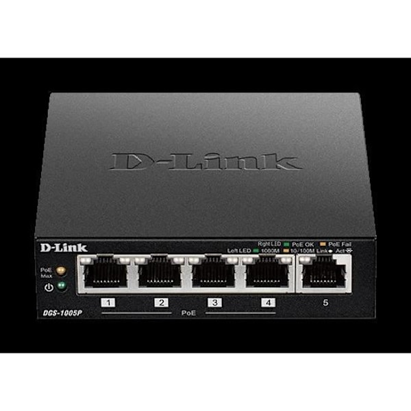 D-LINK DGS-1005P Desktop Switch - 5-Port Gigabit PoE+ - Svart