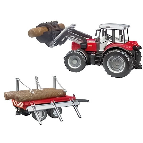 MASSEY FERGUSON 7480 traktori haarukalla ja puunkuljetusperävaunulla - BRUDER