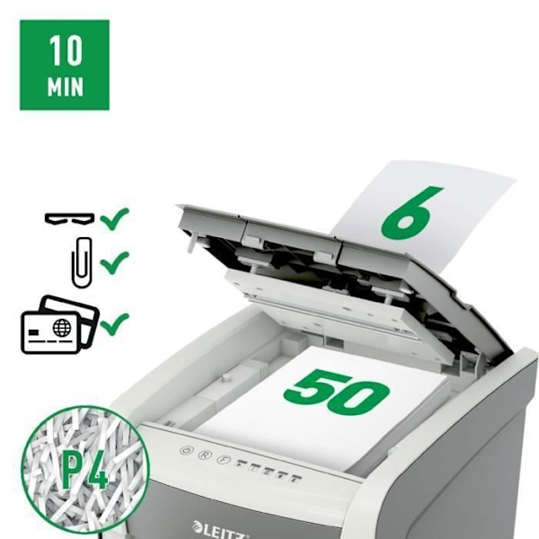 Dokumentødelægger - Leitz - IQ Autofeed Lille Kontor - 50 ark - Krydsudsnit P4 - Sort/Hvid sort