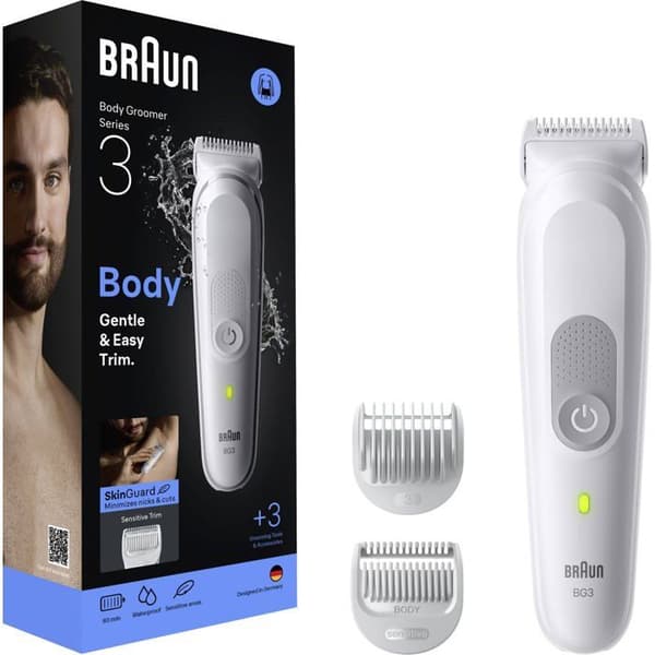 kroppstrimmer vit - Braun - Serie 3 - SkinGuard - SensitiveTrim - 100 % vattentät - 80 min batteritid - Batteri