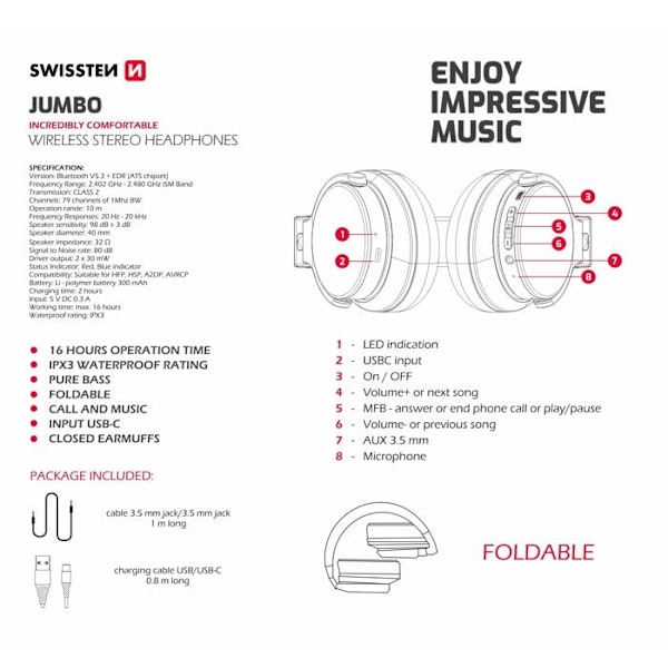 Swissten Jumbo hopea/ruskea Bluetooth-stereo -kuulokkeet