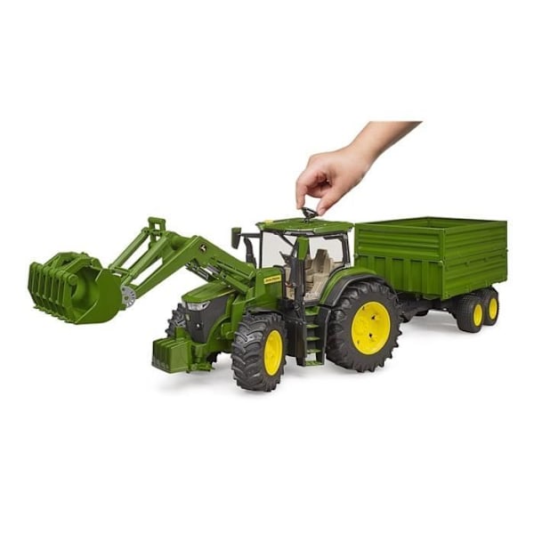 John Deere 7R -traktori etukuormaimella ja tandemperävaunulla - BRUDER Grøn og gul