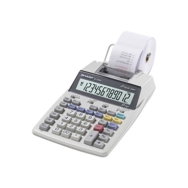 Sharp EL-1750V lommeregner med 12-cifret LCD-printer, batteri, vekselstrømsadapter