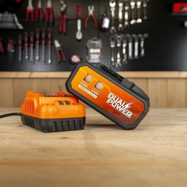 Batteri og lader - Dual Power - POWDP90640 - Batteri 2,5Ah/5,0Ah 2x20V og lader - Trådløse gør-det-selv værktøjer Orange - Sort