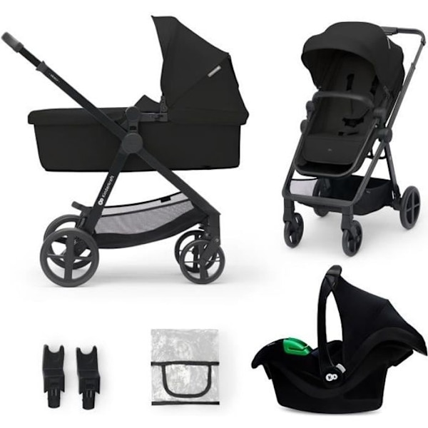 3 i 1 Kombineret Barnevogn - KINDERKRAFT NEWLY - med I-size Autostol - Rejsesystem - Let 7,5 kg - Sammenklappelig - Sort Sort og grå
