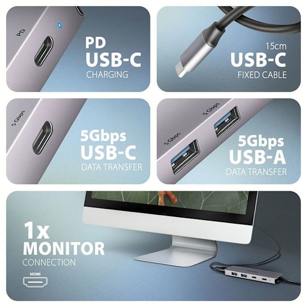 AXAGON HMC-5H60 Hub 5 in 1, USB-C 5Gbps, 2x USB-A, 1x USB-C, HDMI 4k/60Hz, PD 100W, USB-C kaapeli 15cm