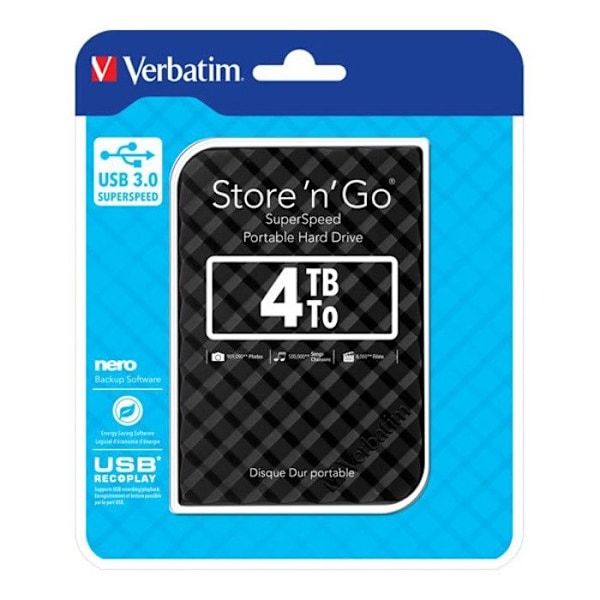 VERBATIM Store 'N' Go GEN ekstern harddisk - 4 TB - USB 3.0 - Sort