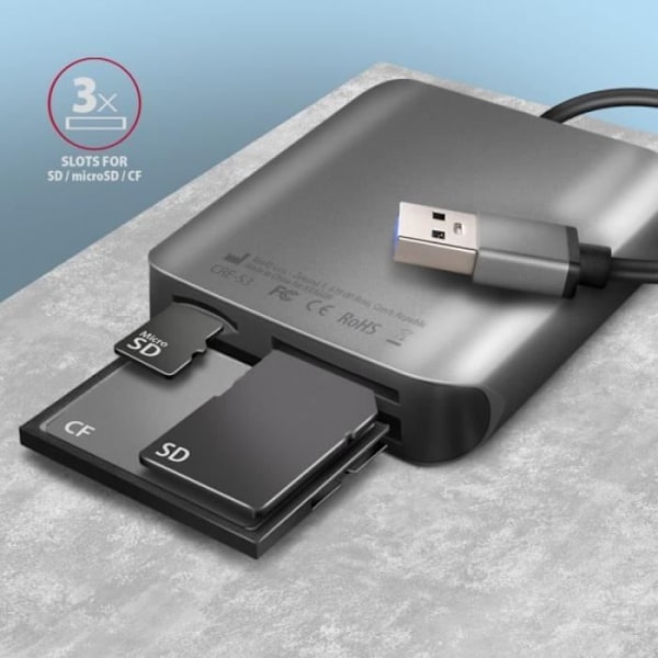 AXAGON CRE-S3 ulkoinen kortti USB-A 3.2 Gen 1, 3-paikkainen, SD/microSD/CF, UHS-II - 8595247906625