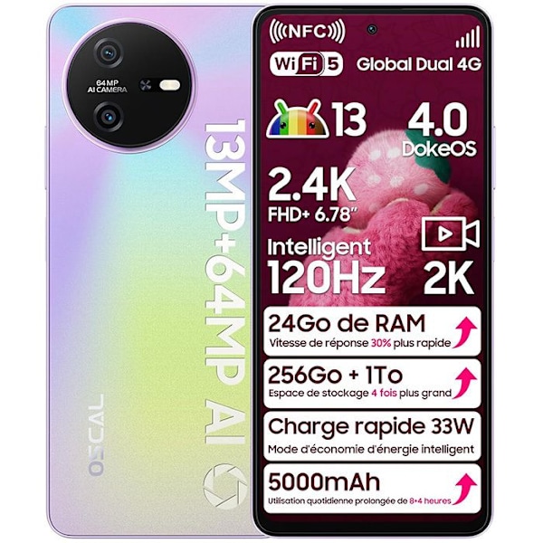 Avaamaton Oscal Tiger 12 6,78 tuumaa 24Go+256Go-SD 1To Kamera 64MP 5000mAh Android 13 NFC Dual SIM GPS - Violetti