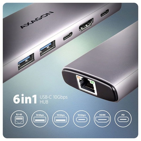 AXAGON HMC-6G2L Hub 6-i-1, USB-C 10Gbps, 2x USB-A, 1x USB-C, HDMI 4k/60Hz, RJ-45, PD 100W