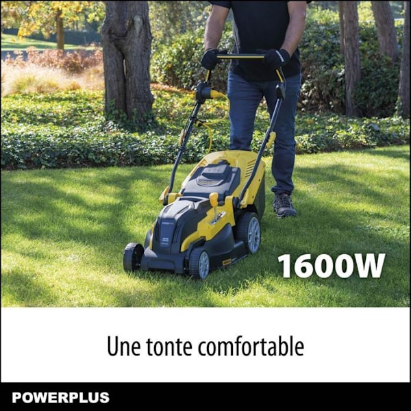Elektrisk Plæneklipper POWERPLUS POWXG6251 - 1600 W, 380 mm Ø, Opsamling, Mulching og Bagudkast sort
