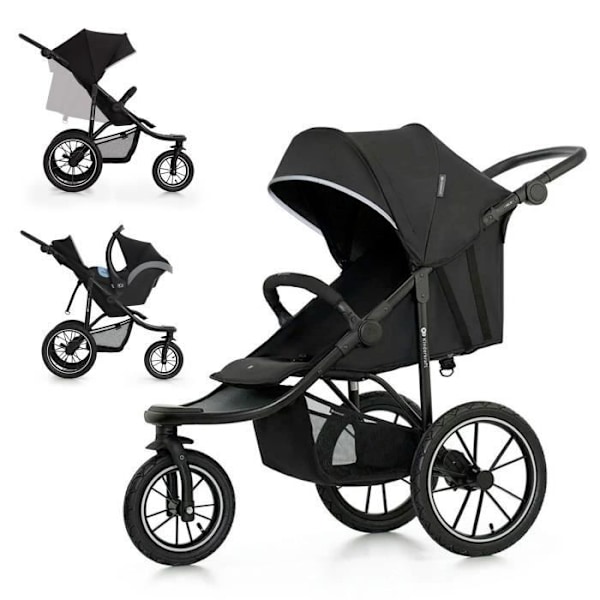 Kinderkraft HELSI 2, Juoksukärry, Urheilukuusi, 3 Suurta Pyörää, Syntymästä 27 Kg:aan, Makuuasento, Musta
