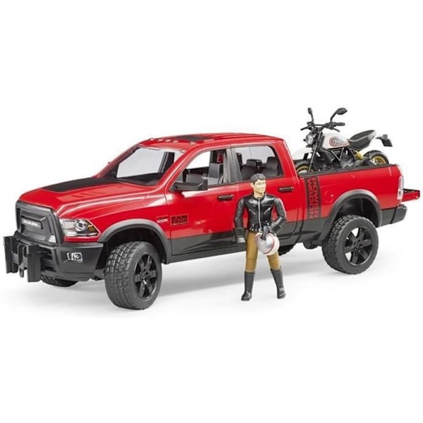 Ram 2500 Power Wagon ajoneuvo Ducati Desert Sled Scrambler -moottoripyörällä ja hahmolla - BRUDER röd och svart