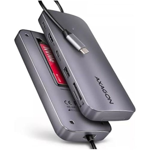 Moniporttinen keskitin - AXAGON - HMC-6GM2 - USB-C 3.1 - HDMI - Gbit-LAN - M.2-NVMe/SATA-tuki