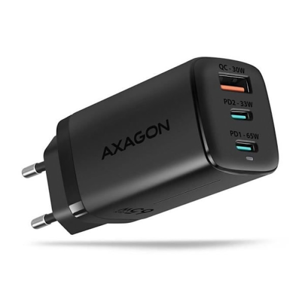 AXAGON ACU-DPQ65 Ladegrat, 2 x USB-C, 1 x USB-A, PD3.0/QC4+/PPS, 65 W musta - 8595247906113