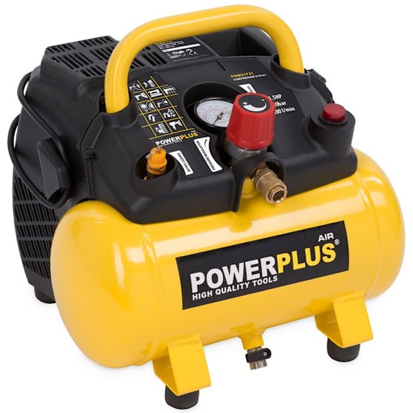 Compresser POWERPLUS - 6 L - 8 bar - 1,5HP - 1100 W - Uden olie Gul