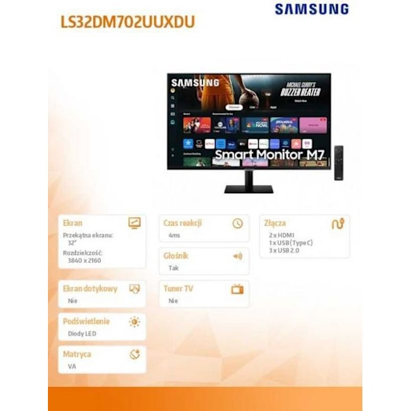 Samsung Peripheral Pack VA -näyttö LS32DM702UUXDU 32 UHD 3 840 x 2 160/16:9/300 cd/m2/4 ms, HDMI, USB |