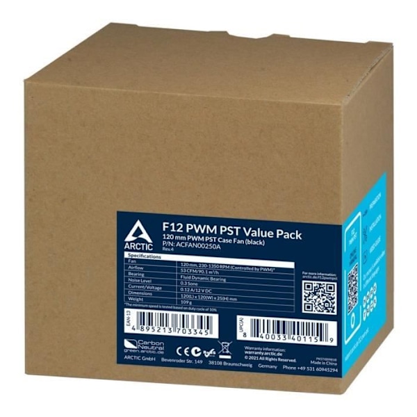 ARCTIC F12 PWM PST - 120 mm kasseventilator, PWM kontrol og PST kabel, sort, pakke med 5 sort