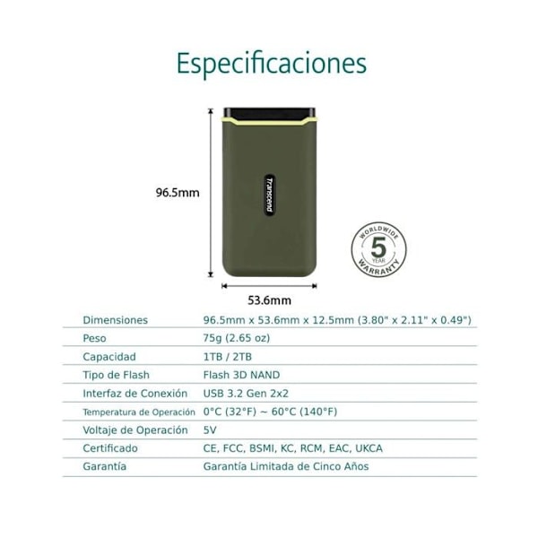 Ekstern harddisk - Transcend - ESD380C - 1 To - USB 3.2 Gen 2x2 - Militærgrøn