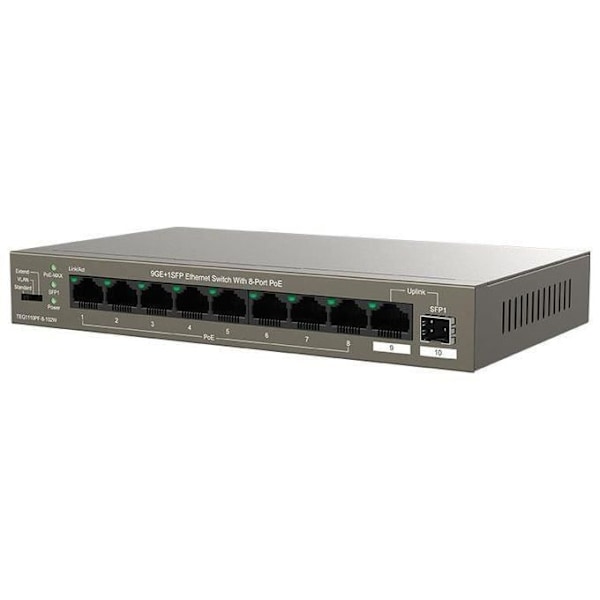 Tenda PoE Switch Gigabit 10 Ports, 9GE+1SFP PoE Switch 102W, 8-port PoE, Plug and Play, metallikotelo, videovalvontaan