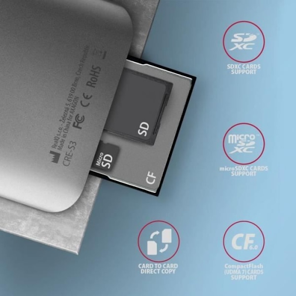 AXAGON CRE-S3 ulkoinen kortti USB-A 3.2 Gen 1, 3-paikkainen, SD/microSD/CF, UHS-II - 8595247906625