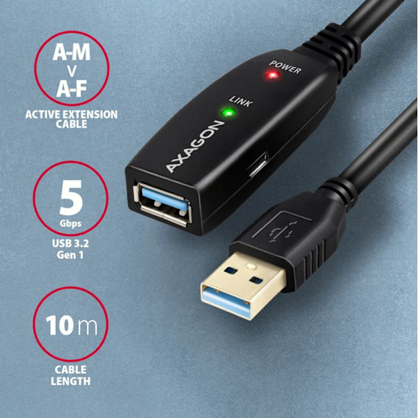 USB-kabel - AXAGON - ADR-310 - USB 3.2 Gen 1 - 10m - Aktiv - Sort