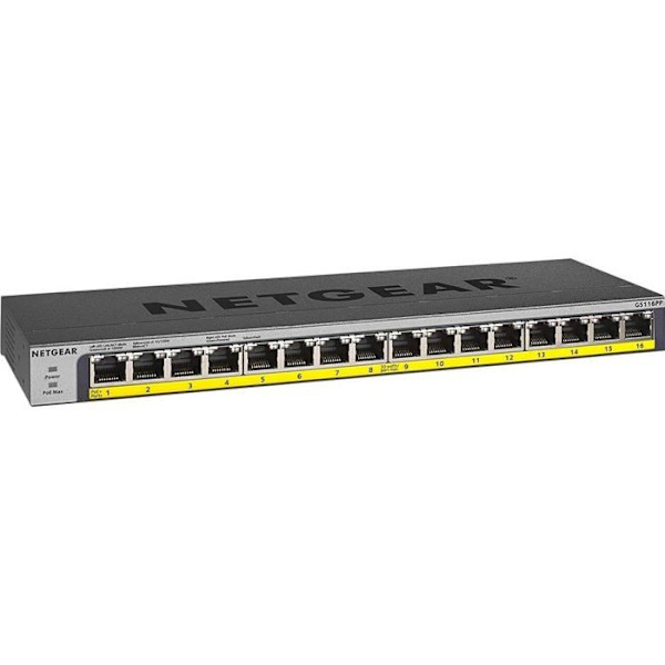 Ethernet-switch - NETGEAR - GS116PP - 16 portar - PoE+ - Väggmontering, Rackbar
