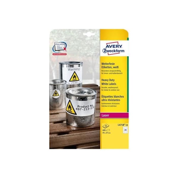 Avery Zweckform L4718 Matta polyesteri pysyvä liima valkoinen 70 x 37 mm 480 etiketti(t) (20 arkkia x 24) tarrat